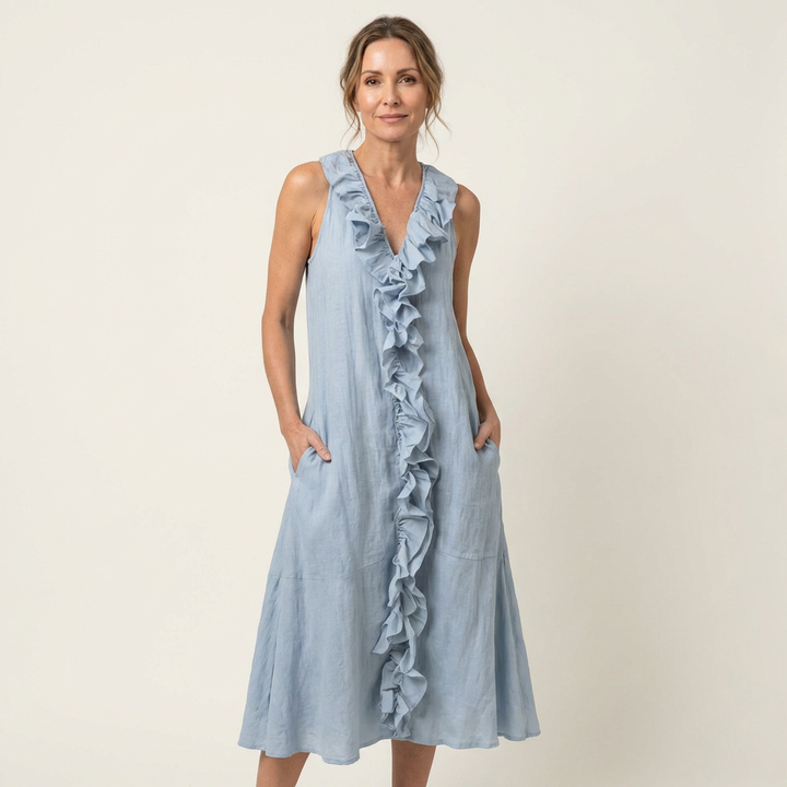 Light blue linen maxi dress with V-neck and ruffled front, sleeveless