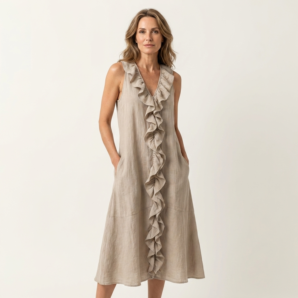Cream linen maxi dress with V-neck and layered ruffle front, sleeveless