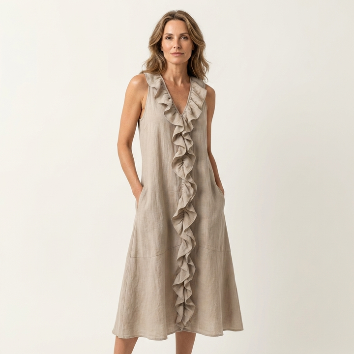 Cream linen maxi dress with V-neck and layered ruffle front, sleeveless