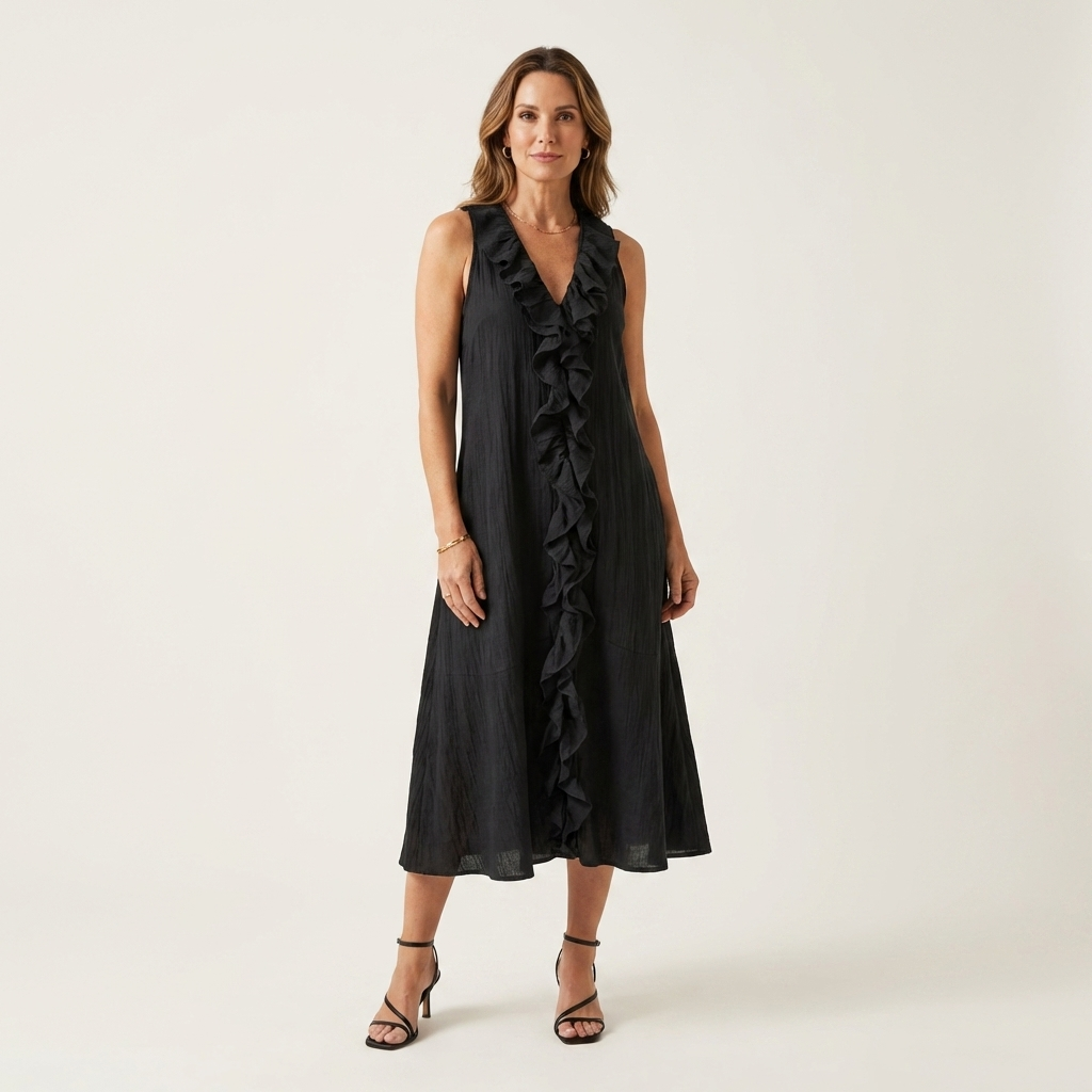 Black linen maxi dress with V-neck and ruffled front, sleeveless