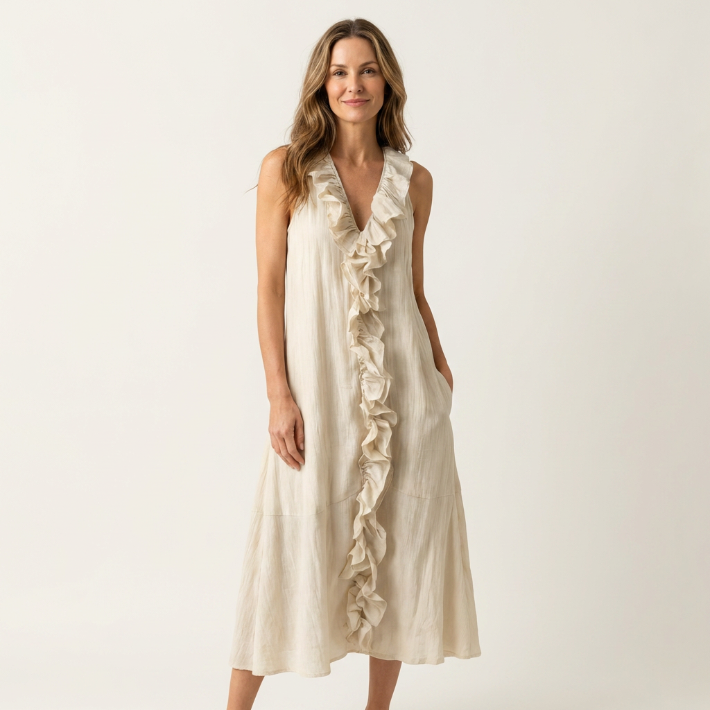 Cream linen maxi dress with V-neck and ruffled front, sleeveless