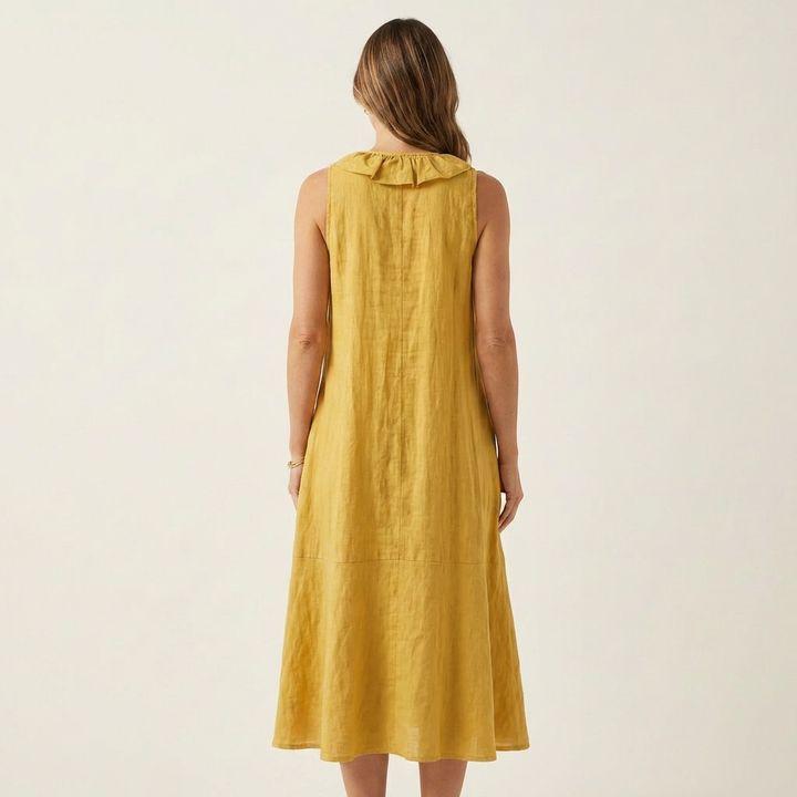 Sleeveless linen dress back view with gathered yoke and keyhole neckline, golden yellow