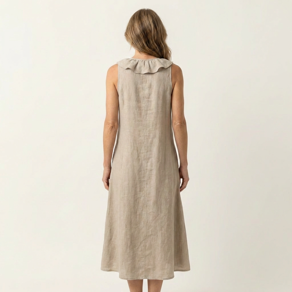 Cream linen sleeveless maxi dress with ruffled stand collar at back