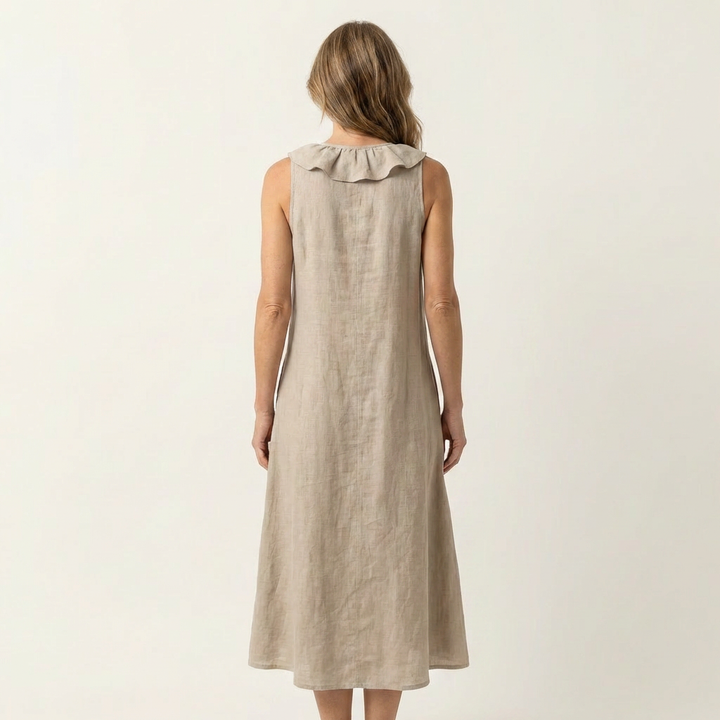 Cream linen sleeveless maxi dress with ruffled stand collar at back
