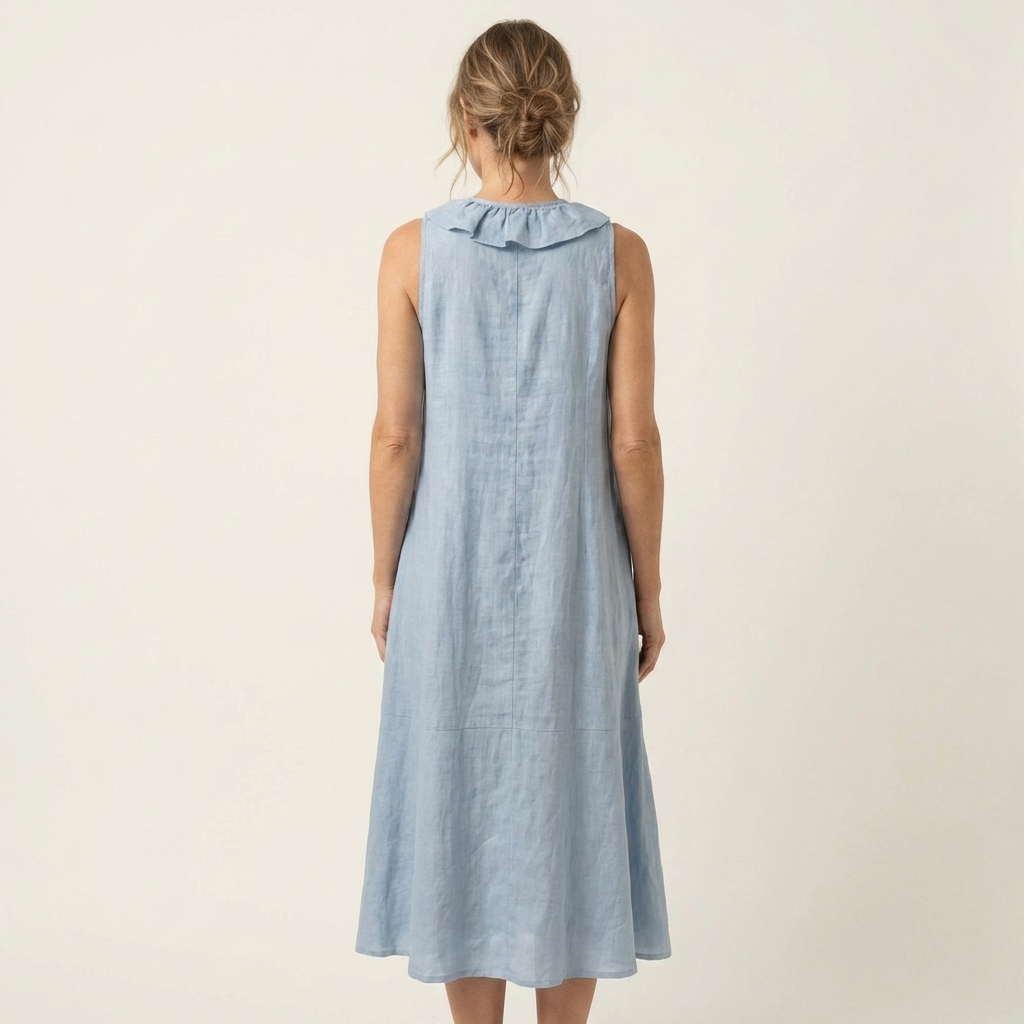 Light blue linen sleeveless maxi dress with ruffled back collar