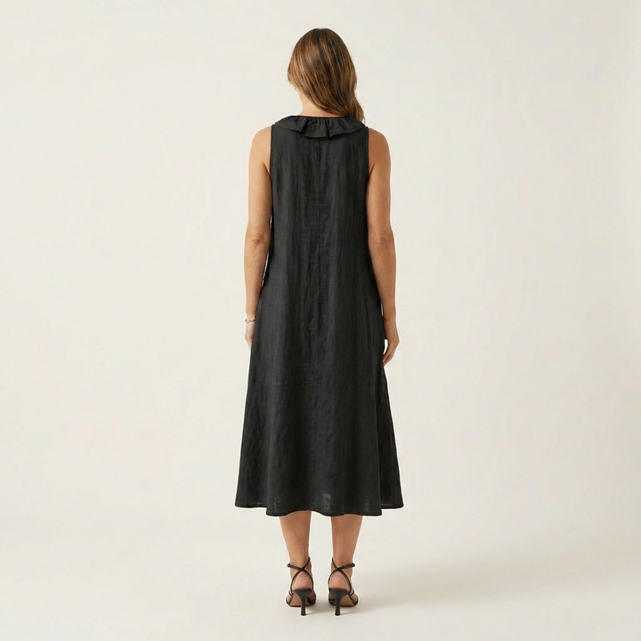 Black linen sleeveless maxi dress with ruffled high back neckline