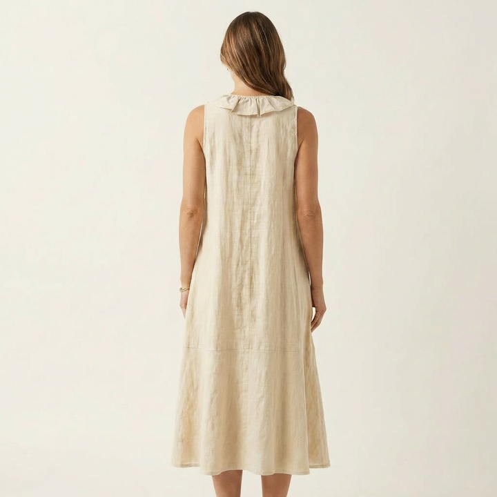 Cream linen sleeveless maxi dress with gathered back neckline detail