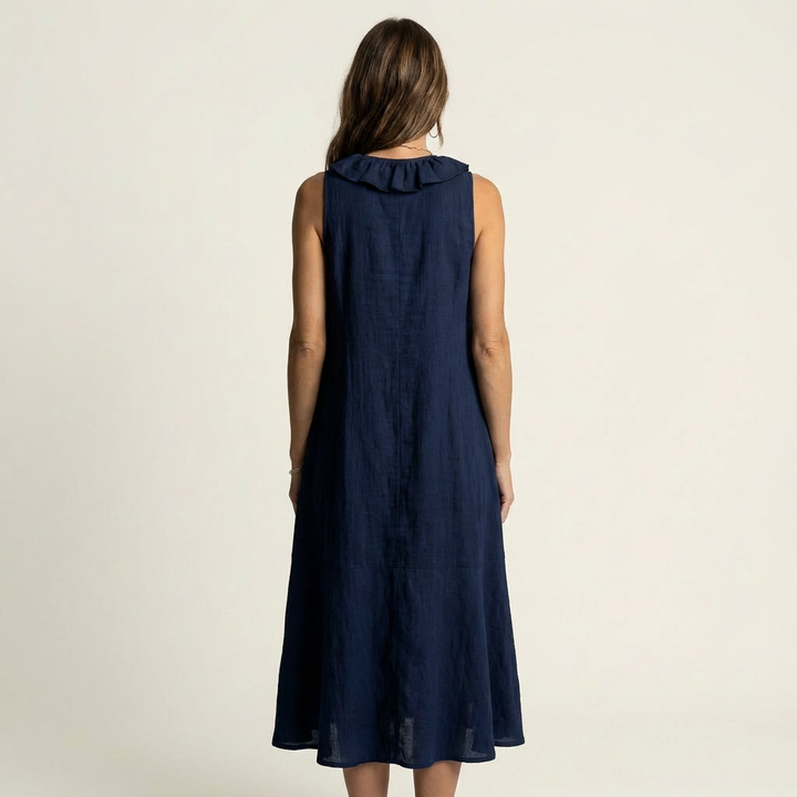 Navy blue linen sleeveless maxi dress with ruffled back neckline
