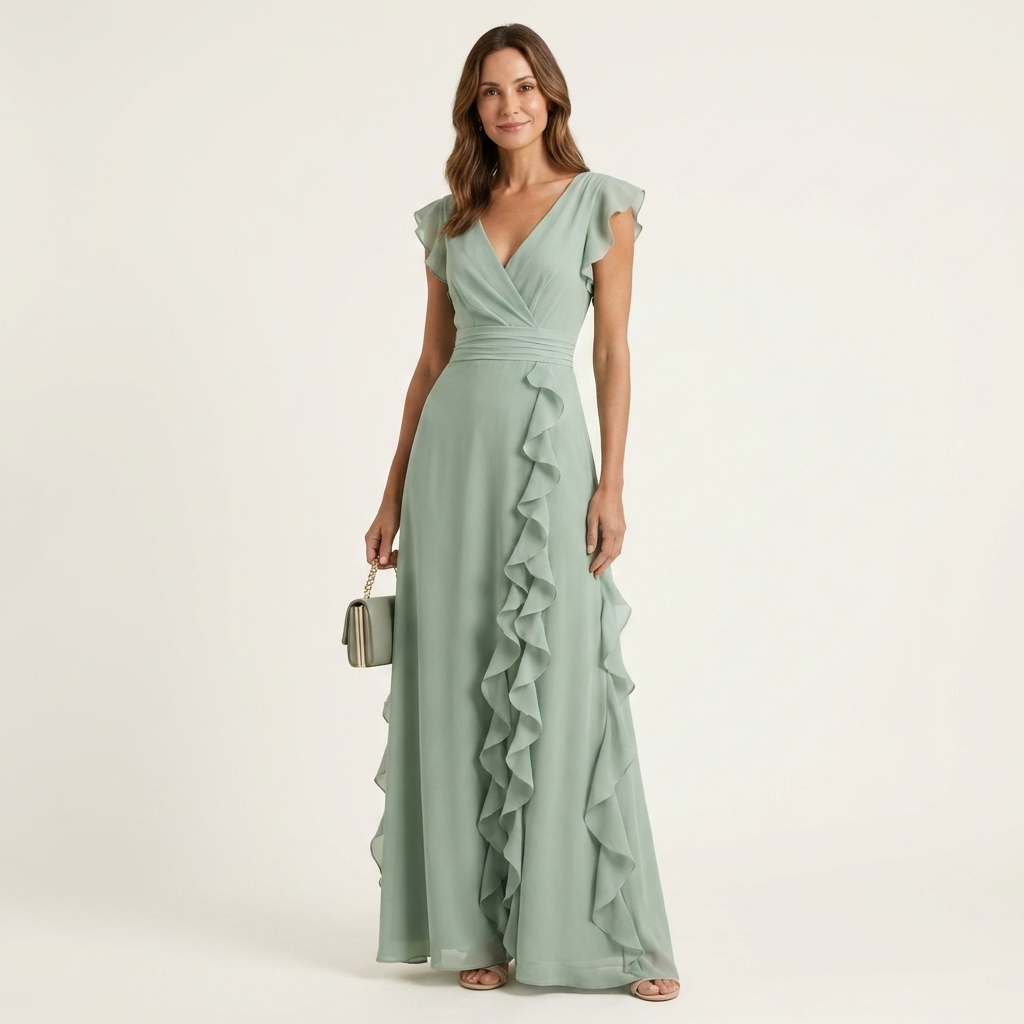 Mint green wrap V-neck maxi dress with flutter sleeves and cascading ruffle skirt