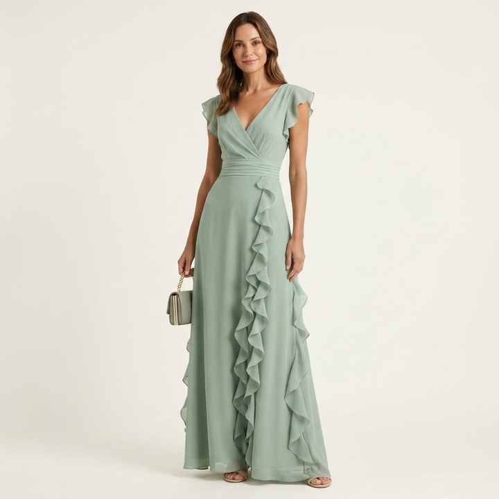 Mint green wrap V-neck maxi dress with flutter sleeves and cascading ruffle skirt