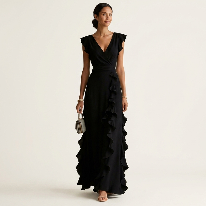 Wrap-style maxi dress in black with V-neck and cascading ruffle skirt