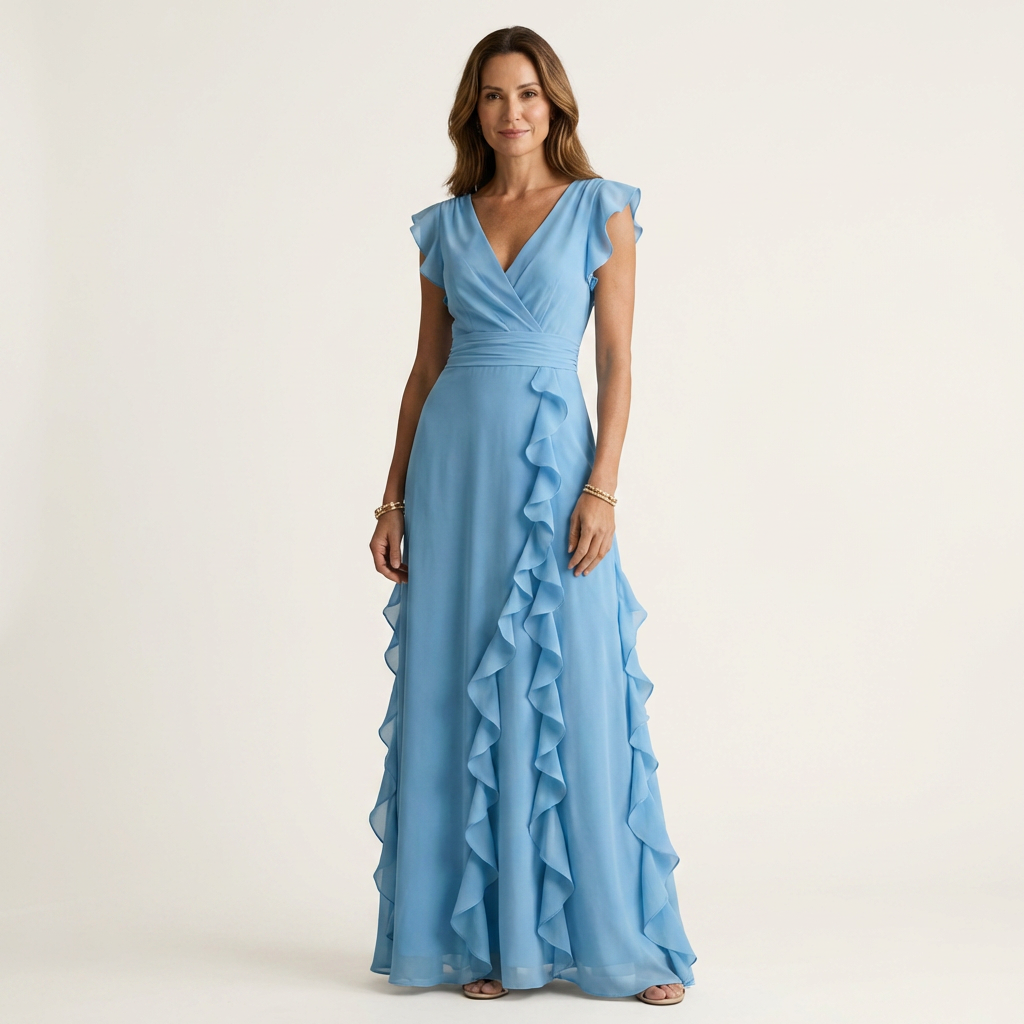 Wrap-style maxi dress in blue with V-neck and layered cascading ruffle skirt