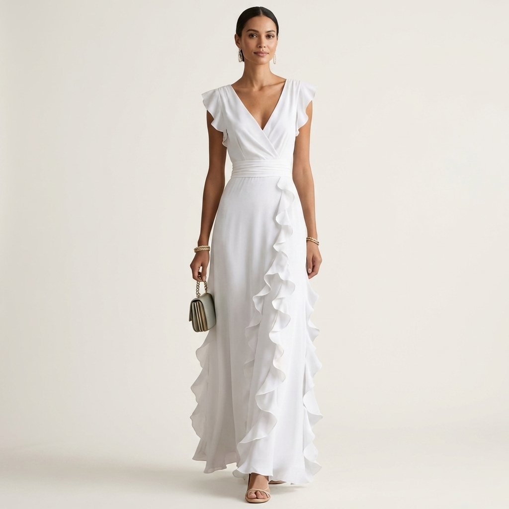 Wrap-style maxi dress in white with V-neck and cascading ruffle skirt detail
