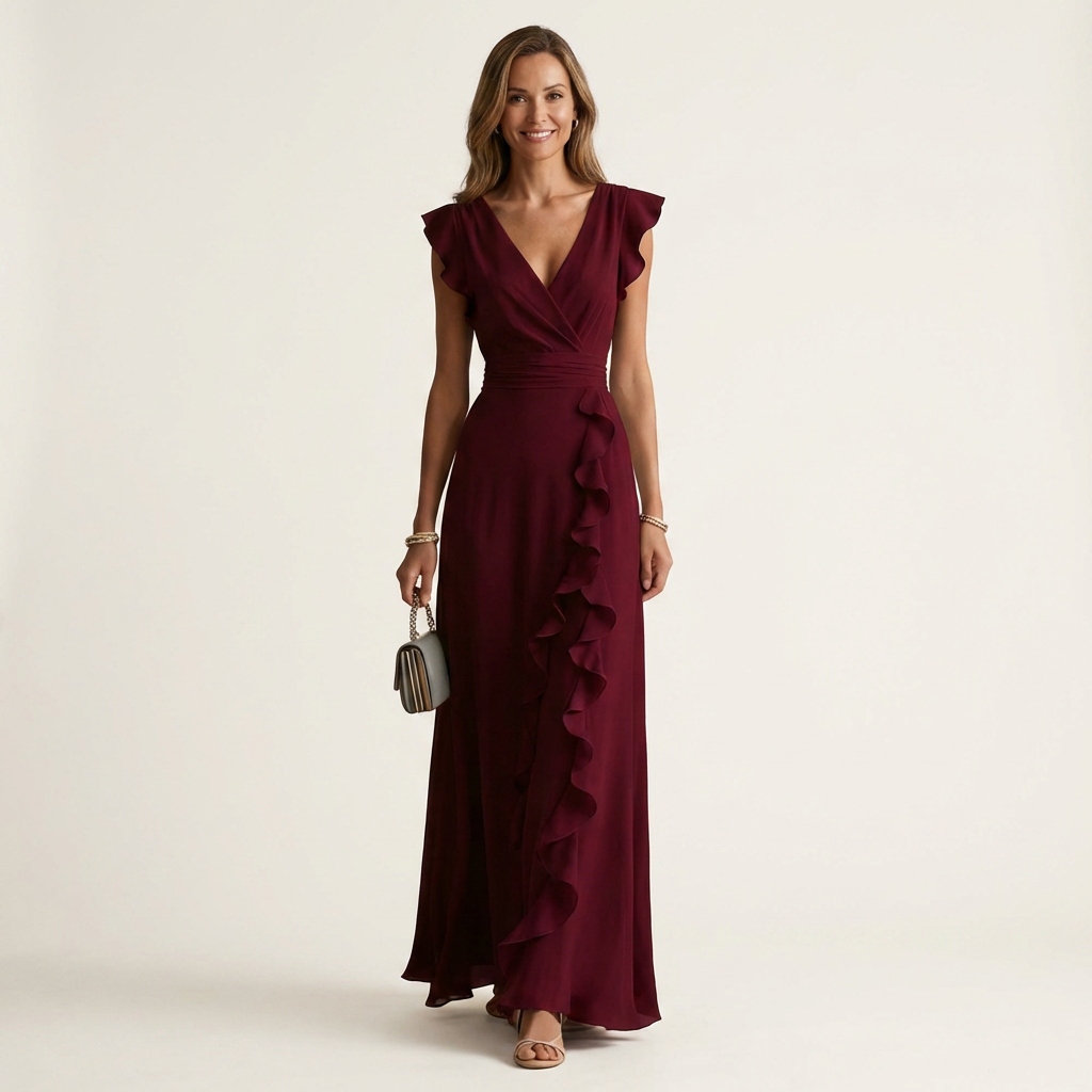 Wrap-style maxi dress in burgundy with V-neck and layered cascading ruffle skirt