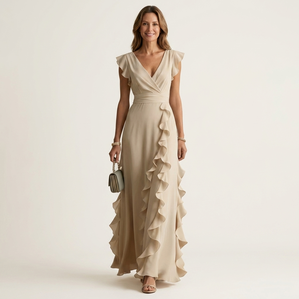 Wrap-style maxi dress in beige with V-neck and cascading ruffle detail