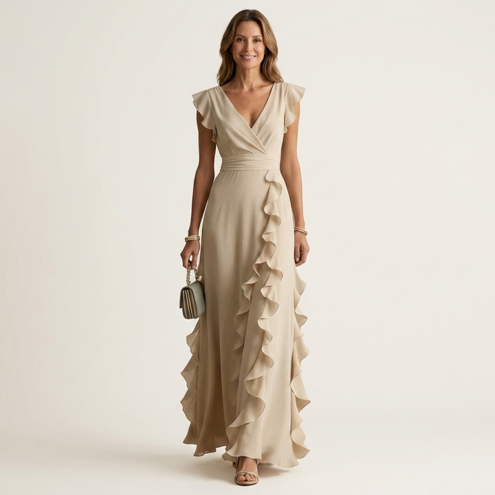 Wrap-style maxi dress in beige with V-neck and cascading ruffle detail