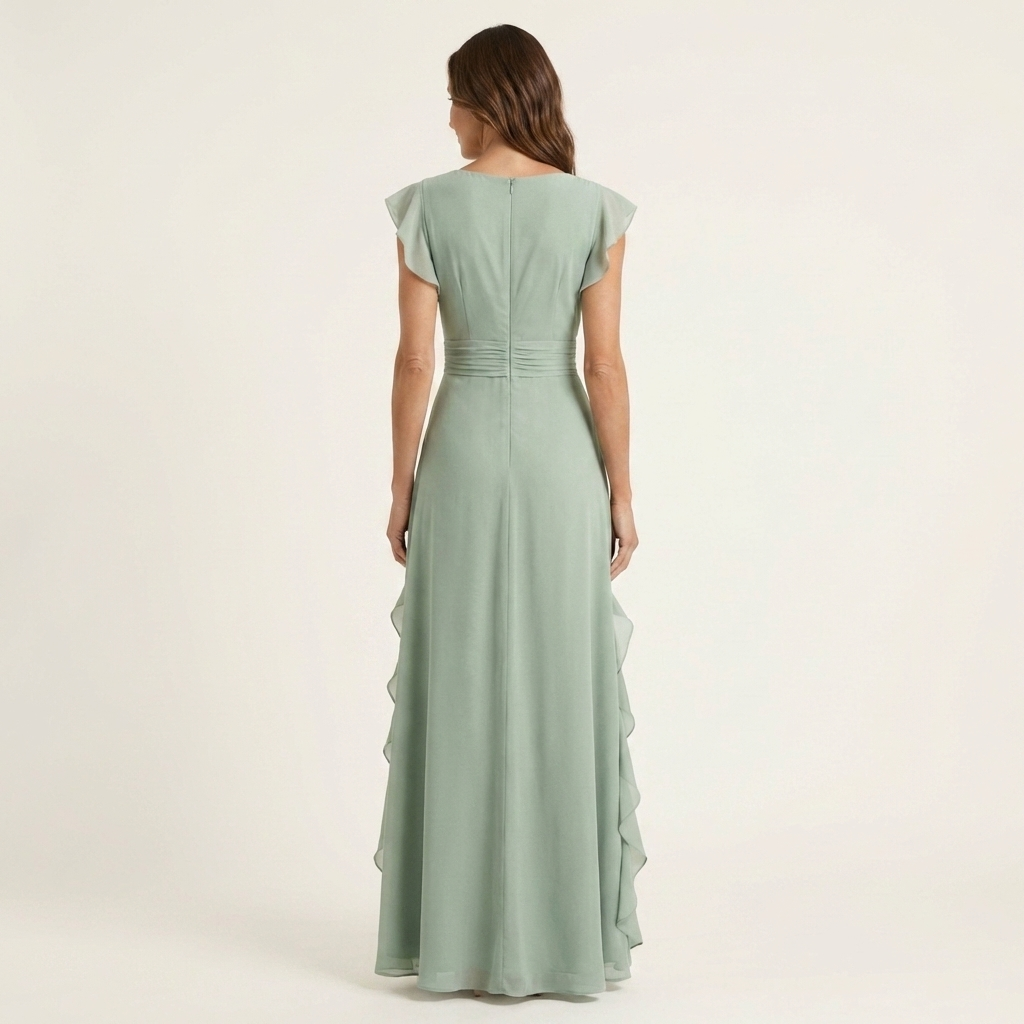 Mint green V-neck maxi dress, back view, with flutter sleeves and cascading ruffle hem