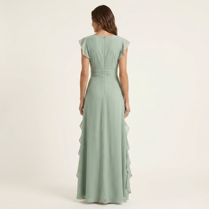 Mint green V-neck maxi dress, back view, with flutter sleeves and cascading ruffle hem
