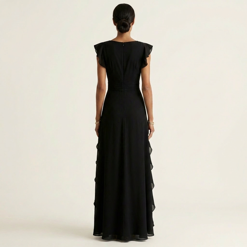 Back view of black wrap-style maxi dress with flutter sleeves and cascading ruffle trim