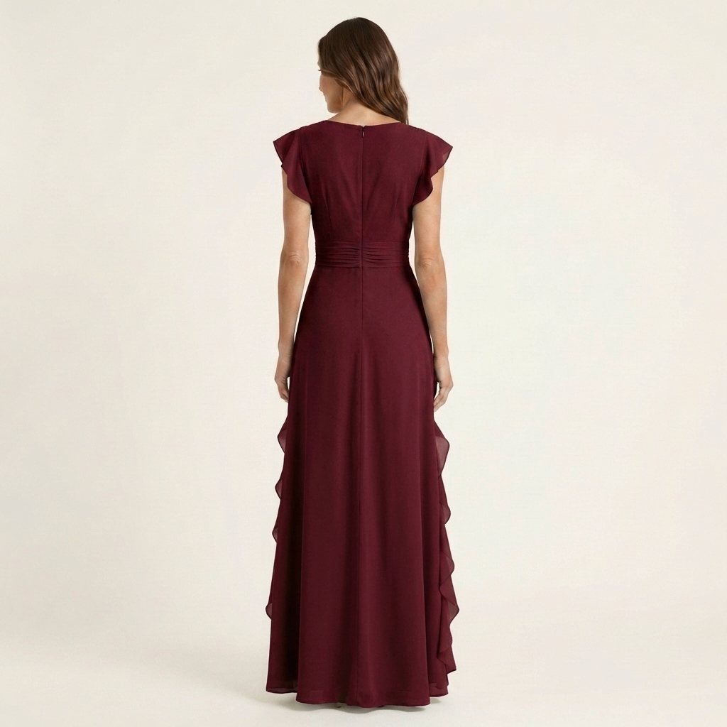 Back view of burgundy wrap-style maxi dress with flutter sleeves and ruffle accents