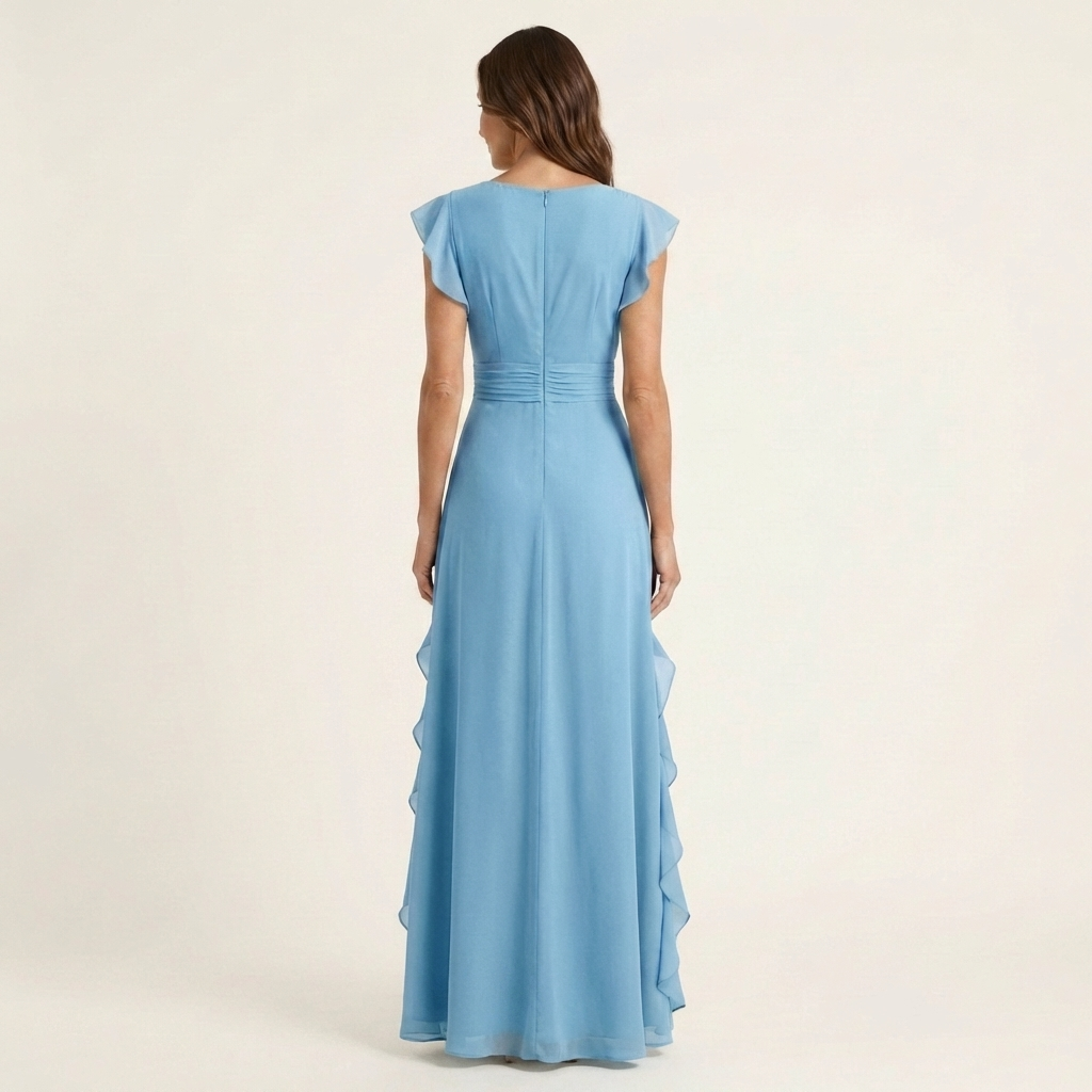 Back view of blue wrap-style maxi dress with flutter sleeves and cascading ruffle detailing