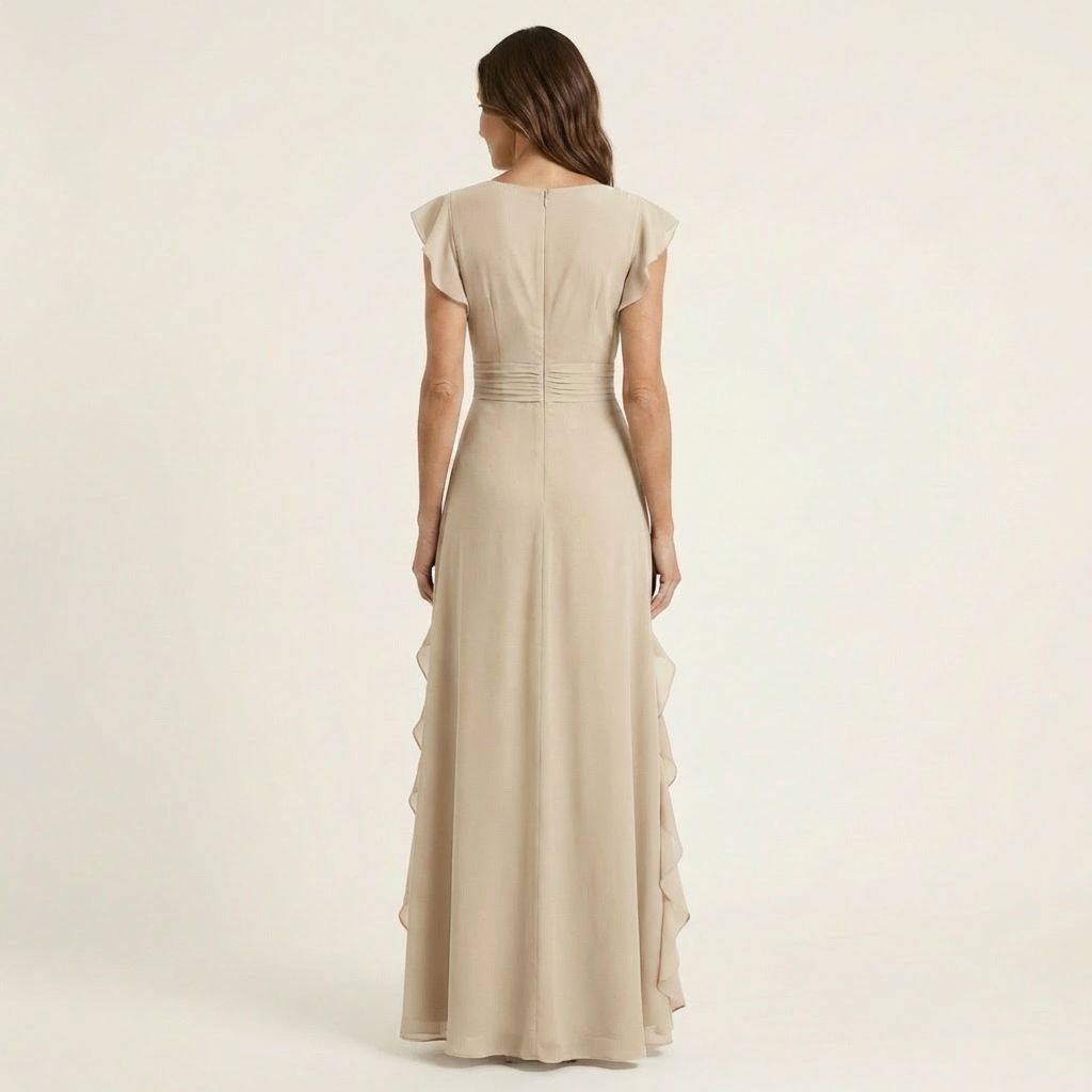 Back view of beige wrap-style maxi dress with flutter sleeves and cascading ruffles
