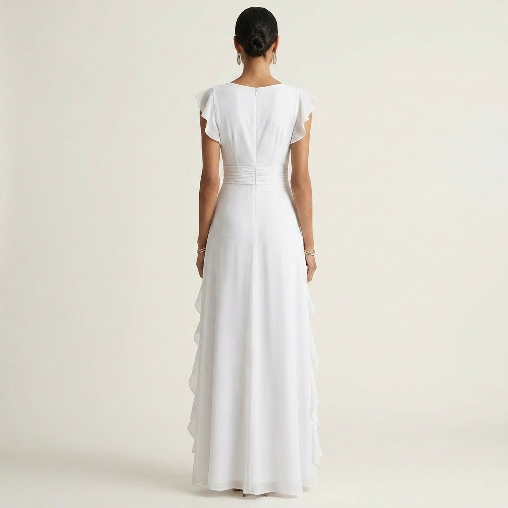 Back view of white wrap-style maxi dress with flutter sleeves and cascading ruffles