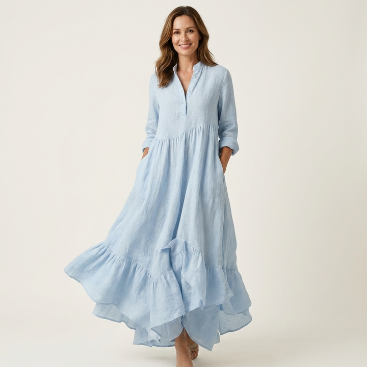 Light blue stand-collar button-front maxi dress with tiered ruffle hem
