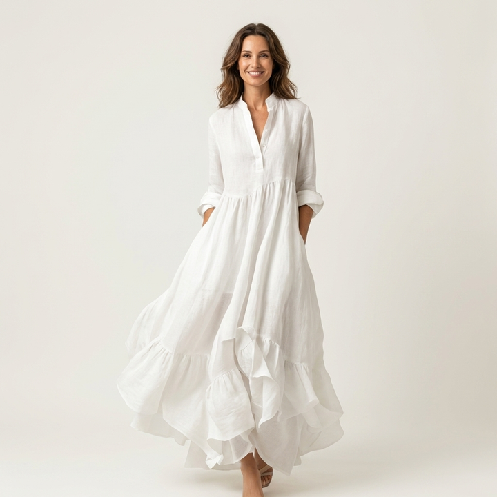 White stand-collar button-front maxi dress with tiered ruffle hem