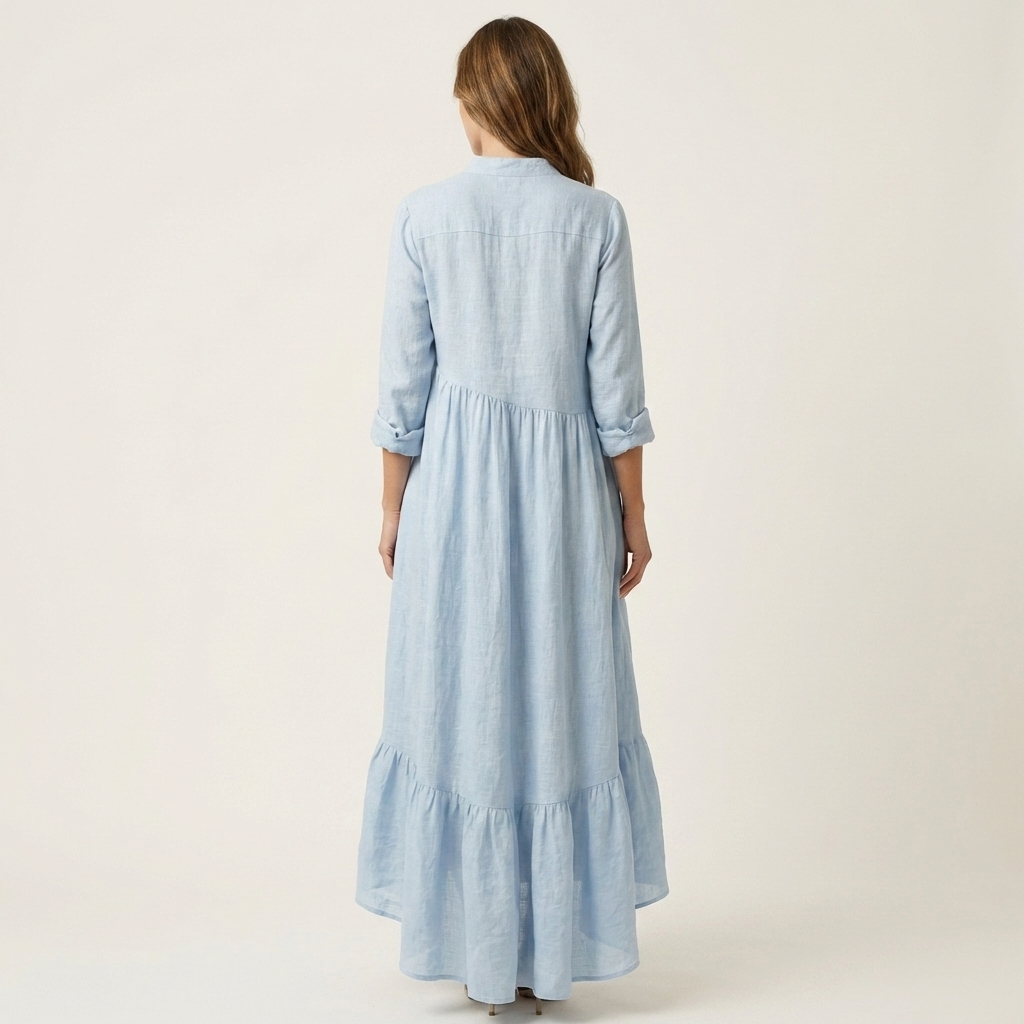 Light blue stand-collar button-front maxi dress, back view with tiered ruffle hem