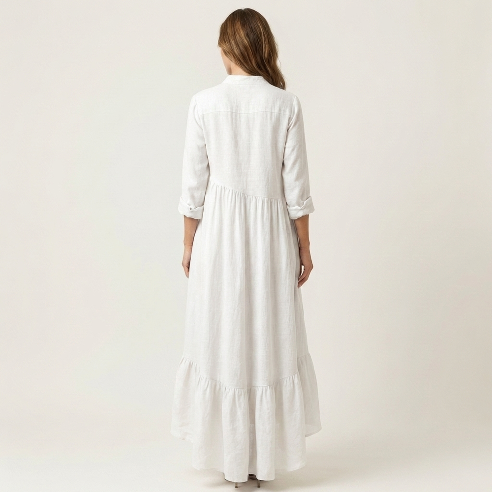 White stand-collar button-front maxi dress, back view with tiered ruffle hem