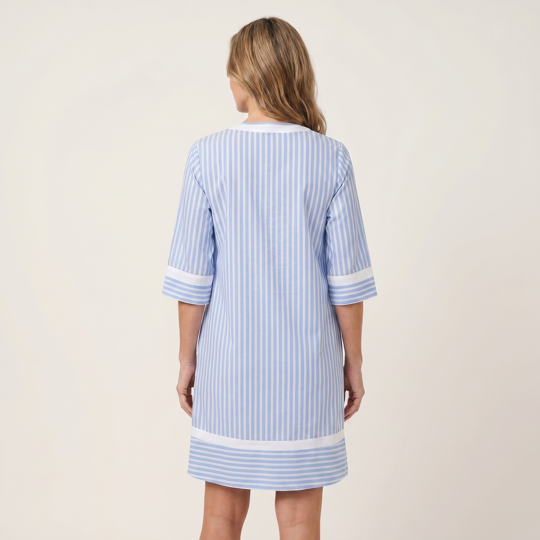 Light blue striped cotton shift dress, back view, V-neck contrast trim and 3/4 sleeves