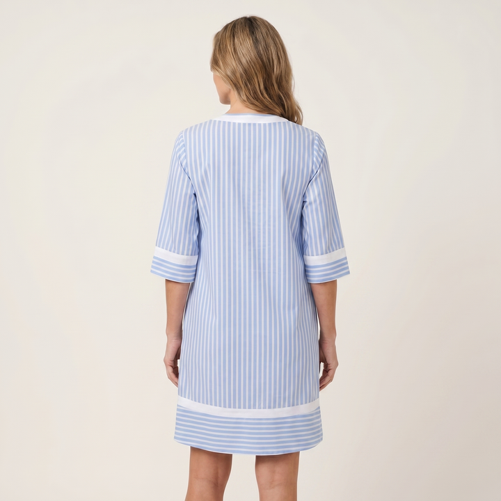 Light blue striped cotton shift dress, back view, V-neck contrast trim and 3/4 sleeves