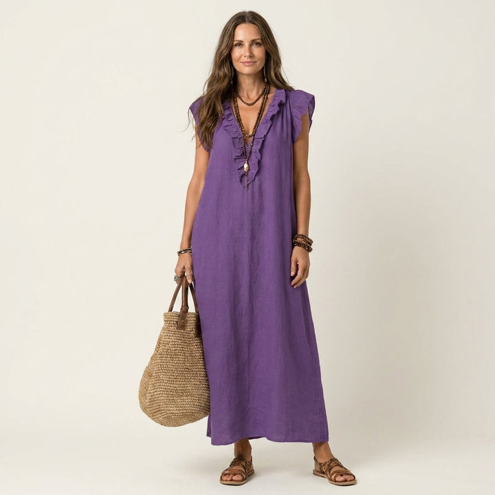 Purple linen maxi dress with ruffle V-neck and sleeveless styling