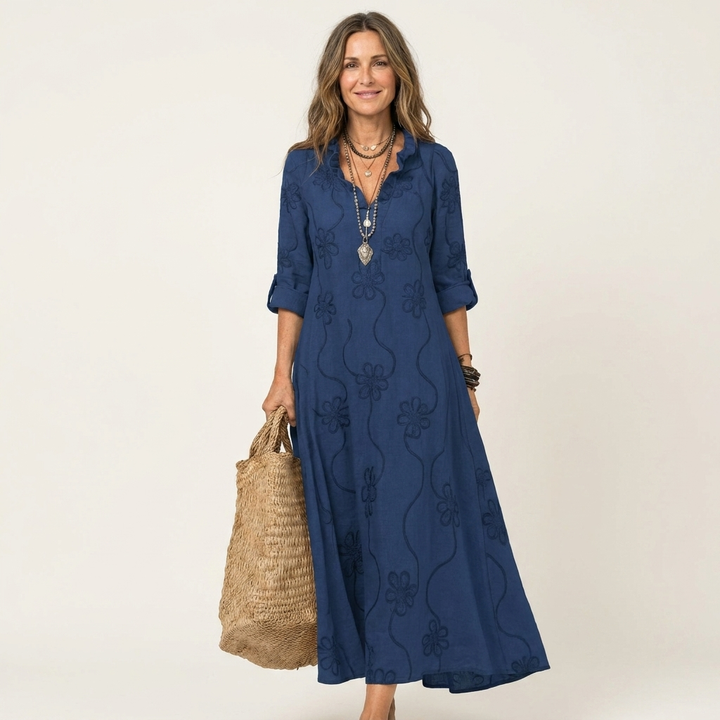 Navy blue cotton-linen maxi dress with tonal floral embroidery, V-neck, 3/4 sleeves