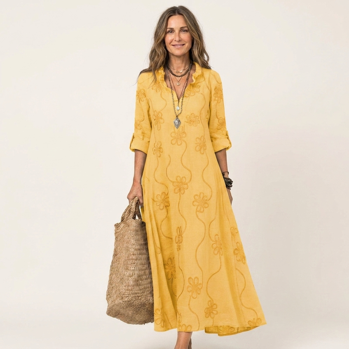 Yellow cotton-linen maxi dress with tonal floral embroidery, V-neck, 3/4 sleeves