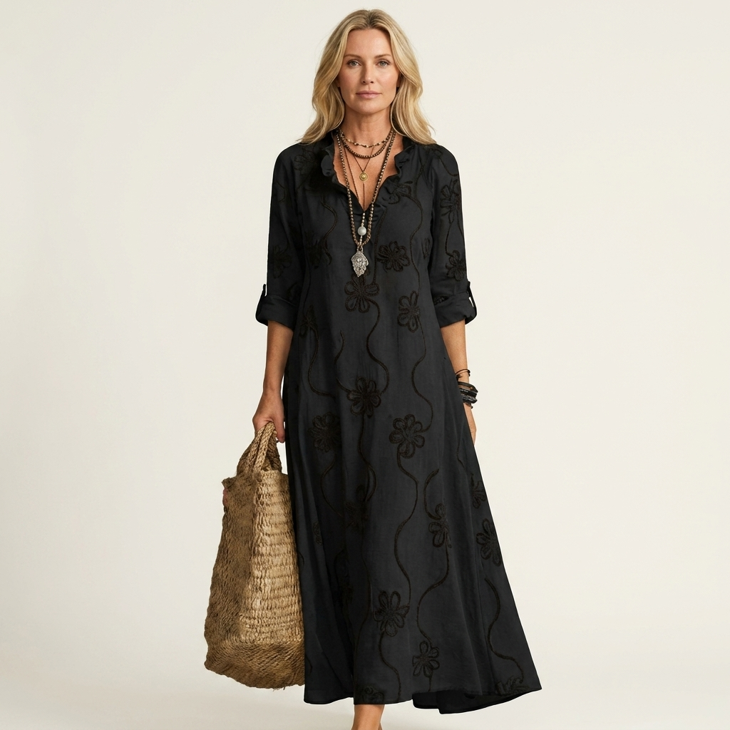 Black cotton-linen maxi dress with tonal floral embroidery, V-neck, 3/4 sleeves