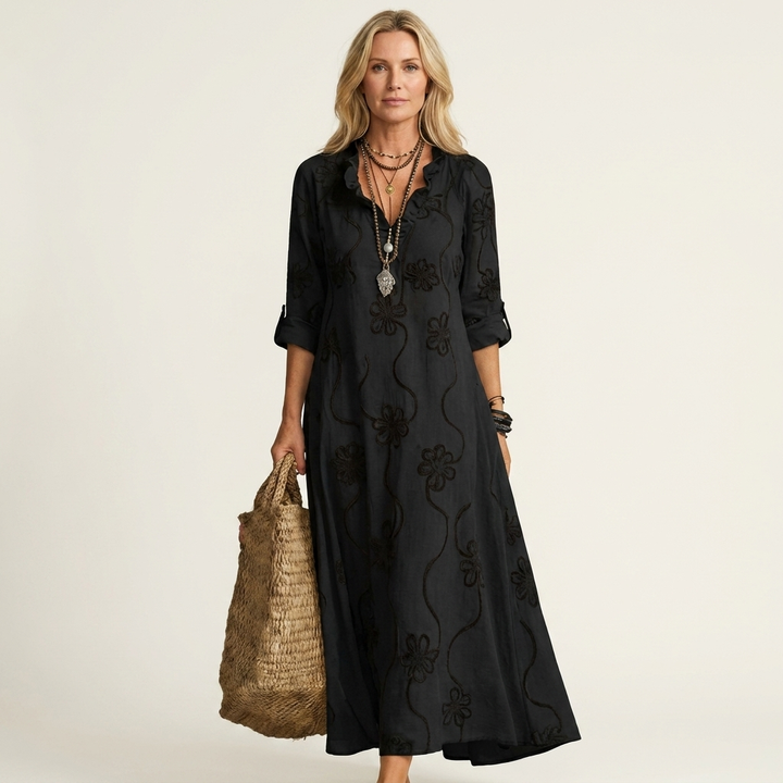 Black cotton-linen maxi dress with tonal floral embroidery, V-neck, 3/4 sleeves