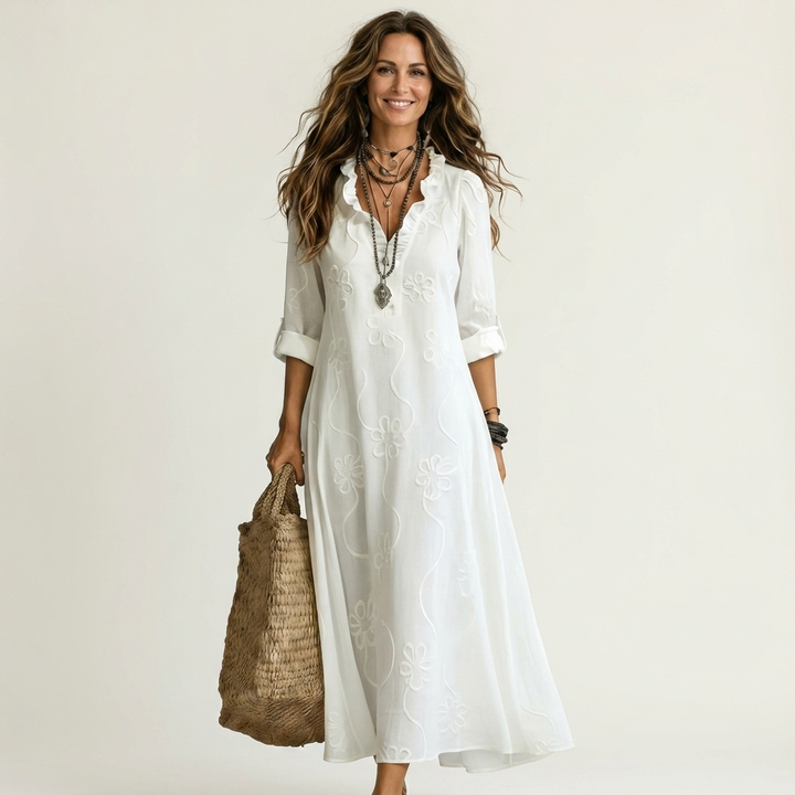White cotton-linen maxi dress with tonal floral embroidery, V-neck, 3/4 sleeves