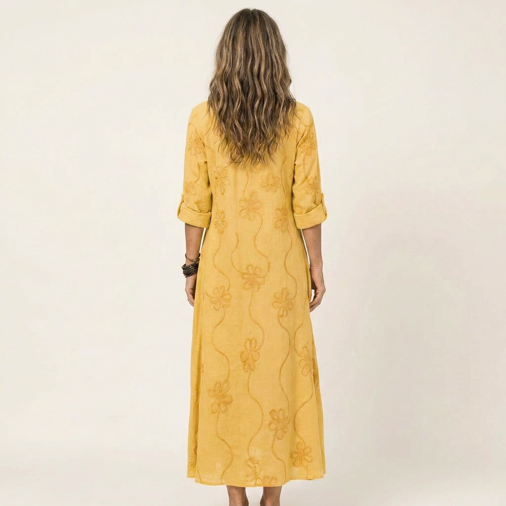 Yellow cotton-linen maxi dress, tonal floral embroidery, back view with 3/4 sleeves
