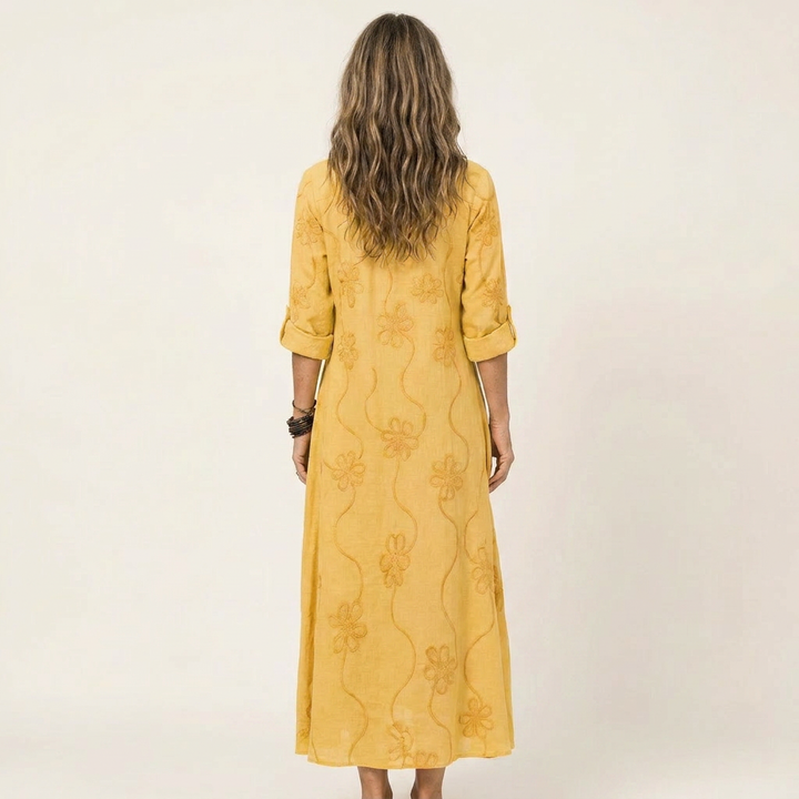 Yellow cotton-linen maxi dress, tonal floral embroidery, back view with 3/4 sleeves