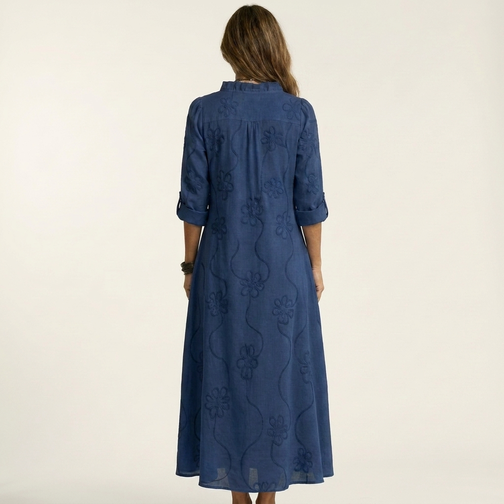 Navy blue cotton-linen maxi dress, tonal floral embroidery, back view with 3/4 sleeves
