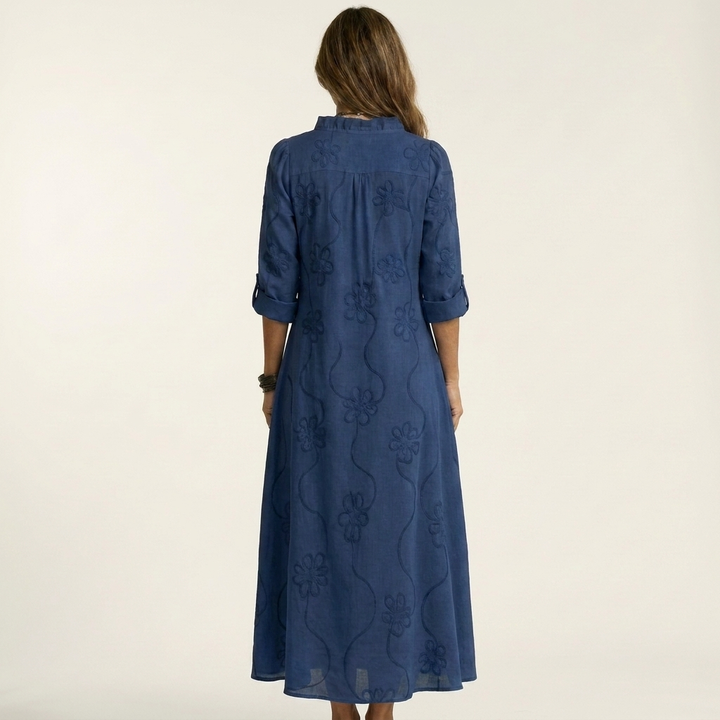 Navy blue cotton-linen maxi dress, tonal floral embroidery, back view with 3/4 sleeves