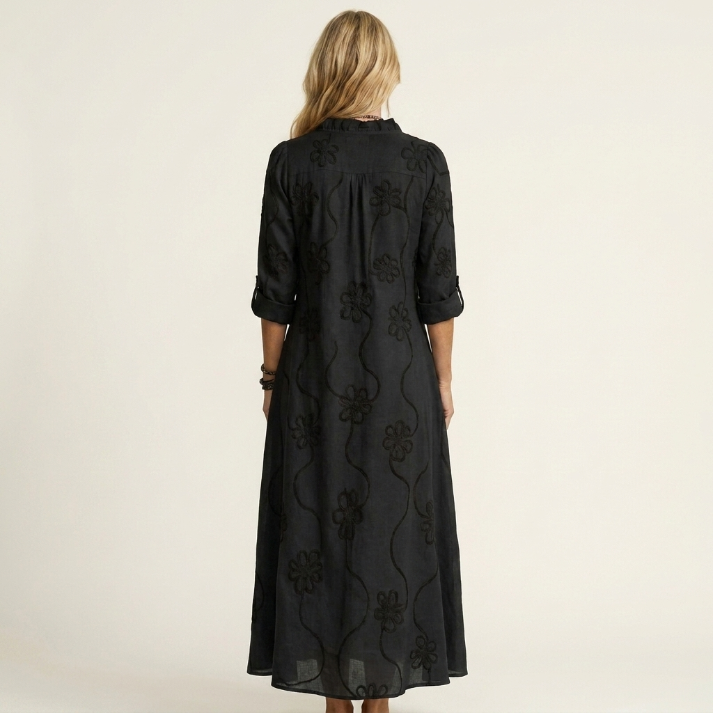 Black cotton-linen maxi dress, tonal floral embroidery, back view with 3/4 sleeves