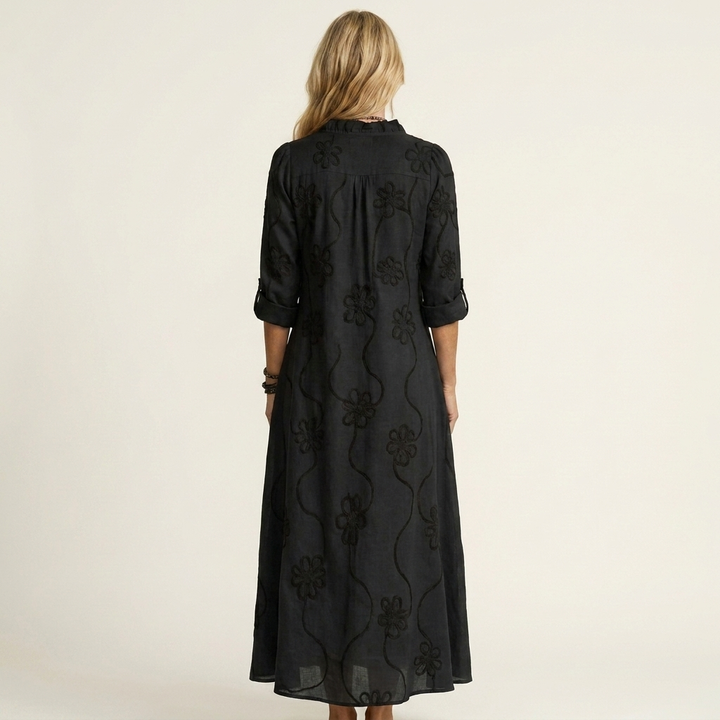 Black cotton-linen maxi dress, tonal floral embroidery, back view with 3/4 sleeves