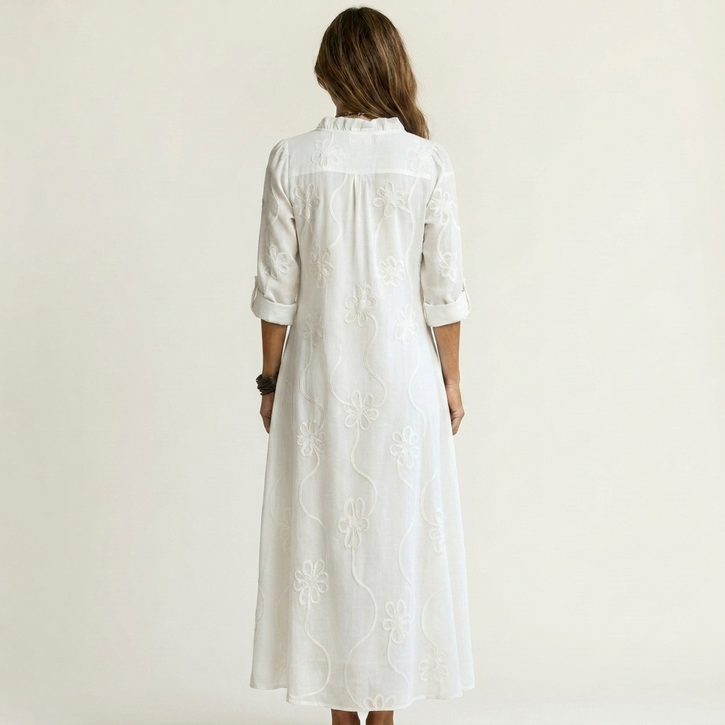 White cotton-linen maxi dress, tonal floral embroidery, back view with 3/4 sleeves