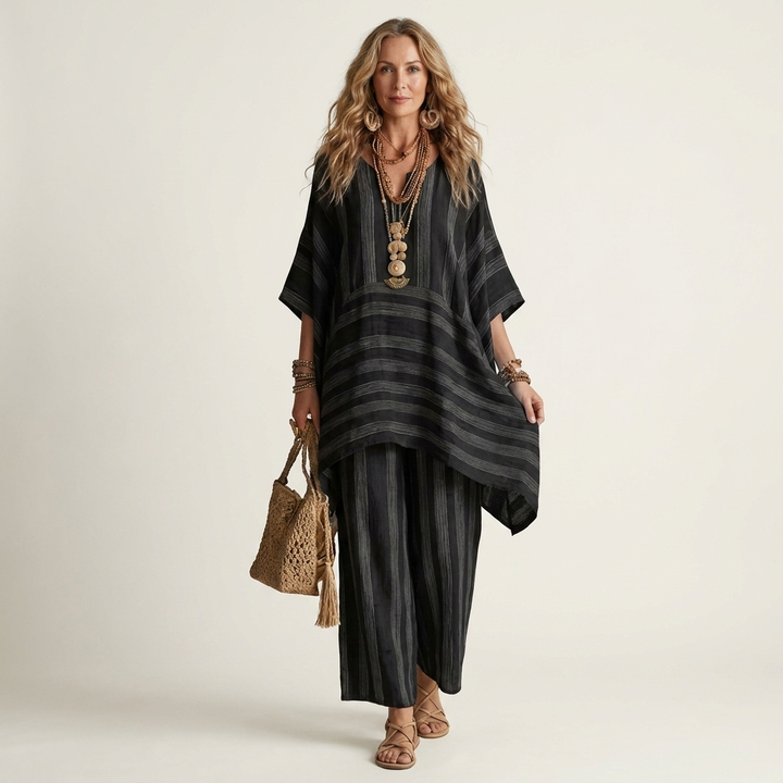 Black striped two-piece set: tunic top and wide-leg pants