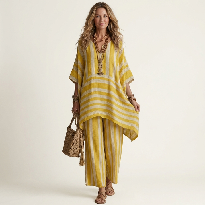 Yellow striped two-piece set: tunic top and wide-leg pants