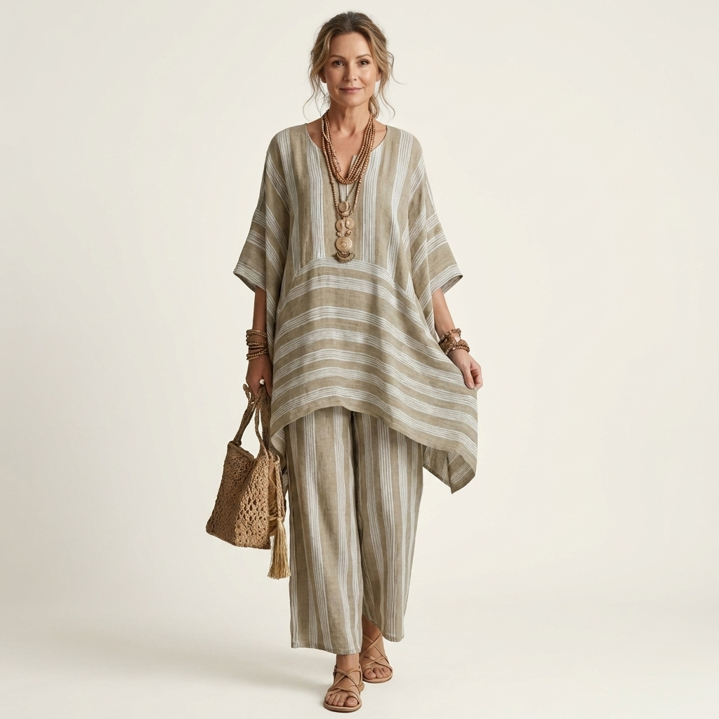 Beige striped two-piece set: tunic top and wide-leg pants