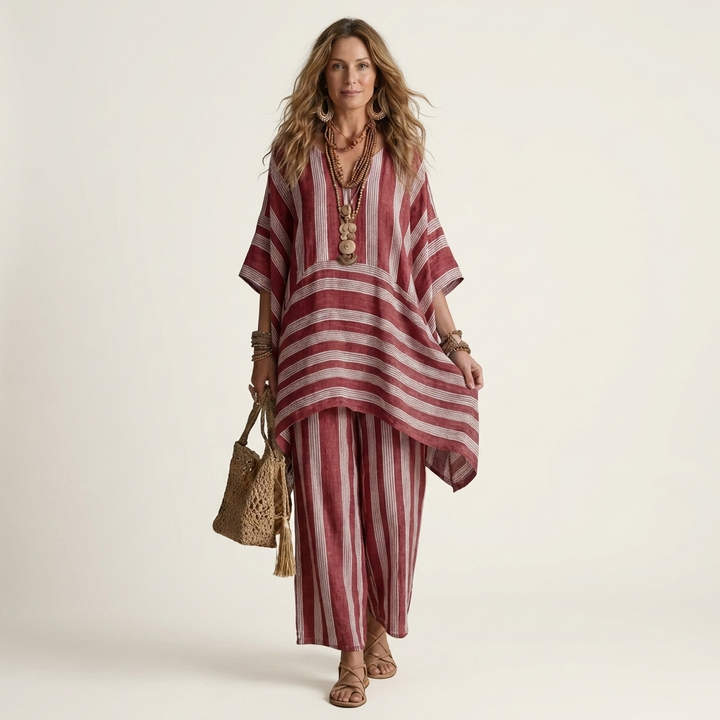 Red striped two-piece set: tunic top and wide-leg pants